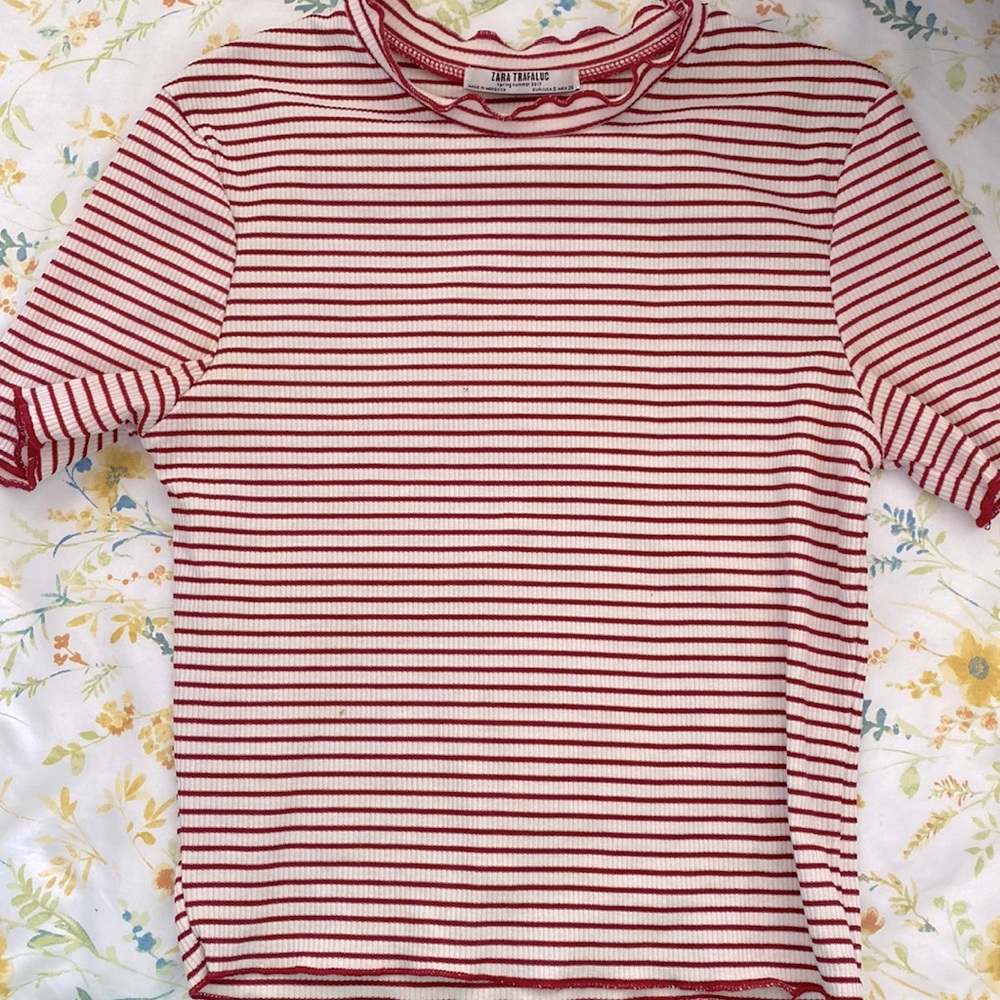 ZARA RED & WHITE STRIPED CROPPED SHIRT
